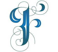 the letter j is made up of swirls and waves in blue on a white background