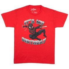 Introduce a touch of superhero style to your child's wardrobe with the Marvel Spider-Man Miles Morales Its My Birthday T-Shirt that features the unstoppable Spider-Man Miles Morales accompanied by the text "It's my birthday" ready to light up the birthday celebrations. Made from pure cotton this boys' superhero tee provides the utmost comfort ideal for an action-packed day of adventure. The texture is soft breathable and perfect for a day at school or play. This tee is available in a variety of Superhero Fashion, Ordinary Day, Its My Birthday, Marvel Spiderman, Boys T Shirts, Marvel Superheroes, Picture Perfect, Mens T, Boy Birthday