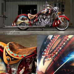 two pictures of a motorcycle with designs on the front and side, one is red