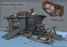 a drawing of a sleigh with an image of a house on it and the words warrior king sledge above it