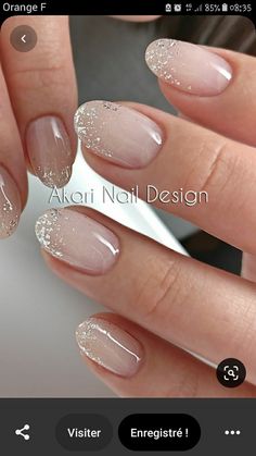 Sparkly Gel Nails, Nude Sparkly Nails, Gel Nails Fall, Blush Pink Nails, Wedding Day Nails, Glitter French Manicure, Classy Nail, Wedding Nails French, Bridal Nail Art