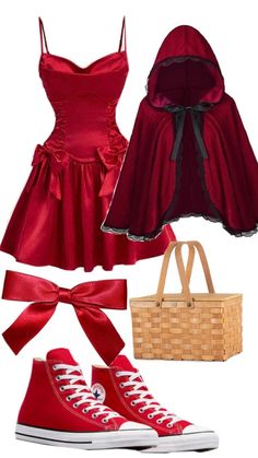 a red dress and shoes with a basket