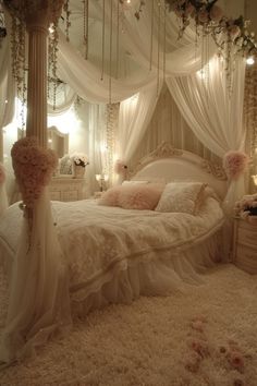 a white bed sitting in a bedroom next to a chandelier covered in flowers