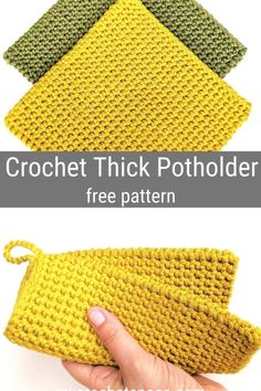 crochet thick potholder pattern is shown in three different colors