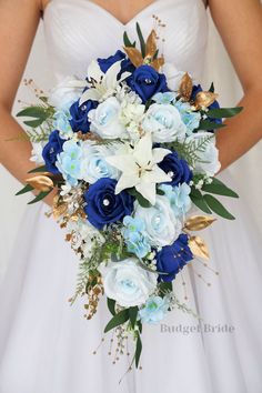 a bridal bouquet with blue and white flowers