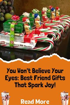 an advertisement with candy bars and candies on it for the best friend gifts that spark joy