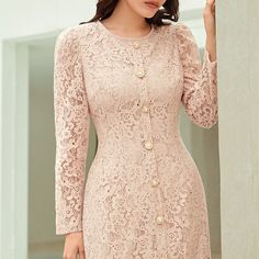 Product Name: Women's Dress Lace Elegant Long Sleeve Slim Fit Party Maxi Dress Item NO.: zico_5439 Weight: 0.3 kg = 0.6614 lb = 10.5822 oz Category: Clothing> Women> Dresses & Skirts Creation Time: 2023-03-01 Color: Light Pink Size: S, M, L, XL Sleeve Length: Long Sleeve Collar/neckline: Round Collar Material: Polyester Design Elements: Button Split Hollow Fit: Bodycon Long Sleeve Lace Evening Dress For Banquet, Beige Lace Long Sleeve Mini Dress, Beige Long Sleeve Lace Mini Dress, Beige Lace Mini Dress With Long Sleeves, Feminine Long Sleeve Banquet Dress, Feminine Long Sleeve Dress For Banquet, Long Sleeve Feminine Dress For Banquet, Feminine Long Sleeve Dresses For Banquets, Feminine Long Sleeve Maxi Dress For Cocktail