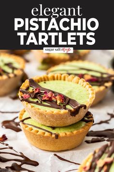 chocolate and pistachio tartles stacked on top of each other with the title text overlay