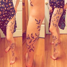 the legs and ankles of a woman with floral tattoos on her body are shown in three different positions