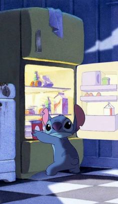 a cartoon mouse looking into an open refrigerator