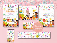 a birthday card with balloons and other items for the child's first birthday party