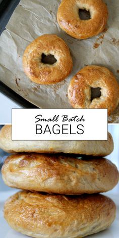 bagels stacked on top of each other with the words small batch bagsel above them