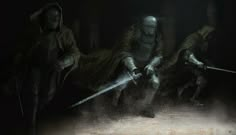 three people in hooded clothing with two swords