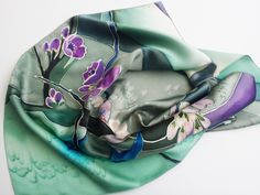 Cherry blossoms small silk scarf hand painted, Batik Floral square scarf, Size 20.5 *20.5 inches, Christmas gift scarf.handdyed This small neckerchief is painted with professional dyes for silk for a wrap, which do not weigh down the fabric. Beautiful accessories for any outfit. Elegant Floral Print Silk Scarf For Gift, Elegant Floral Print Silk Scarf Gift, Silk Scarf With Floral Print For Gift, Silk Floral Print Scarf As Gift, Silk Scarves With Floral Print As Gift, Silk Scarves With Floral Print For Gift, Elegant Floral Print Scarves As Gift, Elegant Floral Print Scarf For Gift, Elegant Floral Print Scarves As A Gift