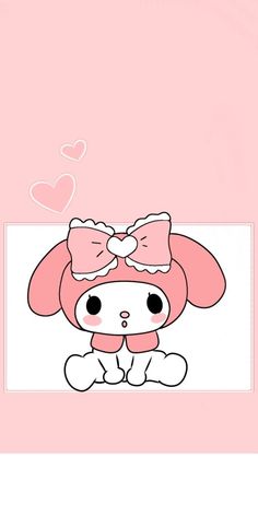 a cartoon dog with a bow on its head sitting in front of a pink background