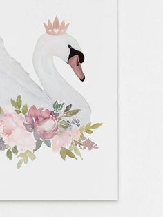 a white swan with a crown on it's head and flowers around its neck