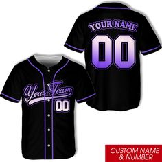 custom baseball jersey with your name and number on the front, in black and purple