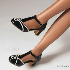 Lasaky - Stylish Round-toe High Heel Sandals with Chunky Heel and Buckle Closure in Black and Brown Black Round Toe T-strap Sandals For Evening, Black Closed Toe T-strap Sandals For Party, Black Closed Toe T-strap Sandals For Evening, Retro Pointed Toe Party Sandals, Retro Pointed Toe Sandals For Party, White T-strap Sandals For Party With Round Toe, Party T-strap Sandals With Round Toe, Retro Black Sandals For Party, Retro Black Party Sandals