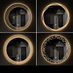 four circular mirrors with different lighting effects