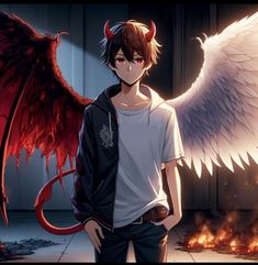 an anime character standing in front of a fire with wings on his head and eyes closed