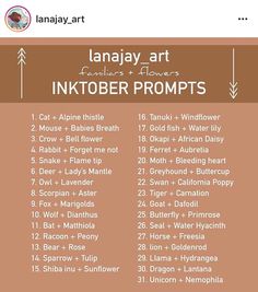 an info sheet with the names and numbers for inktober promps on it