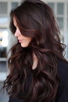 Channel luxury with glossy, multidimensional chocolate brown hair colors in 2024. From chestnut  to espresso brown, these shades exude richness. #Hair Styles Dark Bayalage, Brown Hair Trends, Brown Hair Inspiration, Dark Auburn Hair, Warm Brown Hair, Rambut Brunette, Rich Brunette, Wine Hair, Chocolate Brown Hair