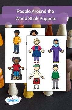 people around the world stick puppets are shown in front of wooden pegs, with text overlay that reads people around the world stick puppets