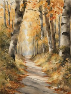 a watercolor painting of a path in the woods with trees and leaves on both sides