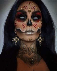 Classic Female Halloween Costumes, Scary Pretty Halloween Makeup, Annabelle Doll Makeup Halloween, Diy Skeleton Ribcage, Sugar Skull Makeup Ideas, Black Light Skeleton Makeup, Mexican Makeup Ideas, Womens Skull Makeup, Catrina Face Makeup