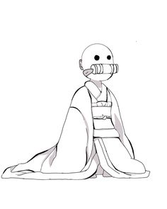 a drawing of a person sitting on the ground with a bottle in their mouth and wearing a kimono