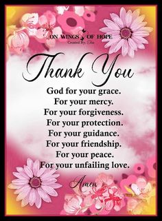 a thank card with pink flowers and the words, thank you god for your grace