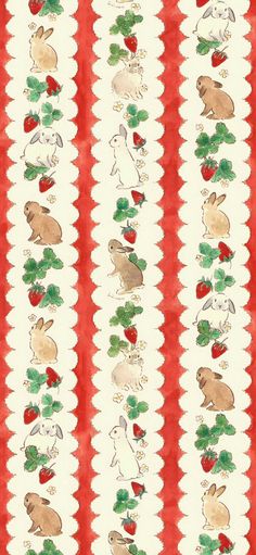 a red and white striped wallpaper with rabbits, strawberries and leaves on it