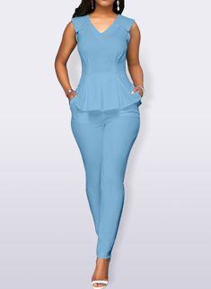 V-neck Ruffle Sleeveless Business Jumpsuit Sleeveless Ruffled Peplum Top For Party, Fitted Sleeveless Jumpsuit With Ruffles, Sleeveless Peplum Top With Ruffles For Party, Fitted Sleeveless Peplum Top For Workwear, Business Jumpsuit, Pleated Top, Pleat Top, Jumpsuits And Romper, Matching Pants