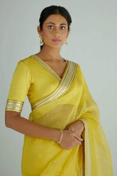 Buy Yellow Saree- Silk Organza Embroidery Zari V Sequin With Blouse For Women by PRIYAL PRAKASH Online at Aza Fashions. Organza Saree With Blouse, Blouse Necklines, Organza Embroidery, New Saree Blouse Designs, Yellow Saree, Saree Blouse Designs Latest, Blouse Designs Latest, Blouse For Women, Organza Saree