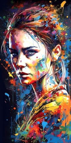 a painting of a woman's face with colorful paint splatters on it