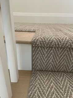 a cat sitting on top of a carpeted stair case next to a wooden floor