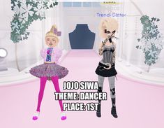 two cartoon dolls standing next to each other in front of a pink background with the words jojo swa theme - dancer place 1st