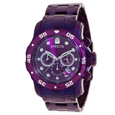 This incredible Invicta watch from the Pro Diver collection offers an exact Quartz movement, with an incredible dark purple case. The face displays a dark purple, metal dial protected by our proprietary Flame Fusion Crystal. The design is completed by a dark purple, stainless steel band. This timepiece can resist water for up to 100 m. Plunge into any horizon using the steadfast guidance of the Invicta Pro Diver. Stylishly classic, internal workings are forged with variations of bold movements. Purple Chronograph Watch Accessories With Round Dial, Modern Purple Watch With Round Dial, Purple Quartz Watch Accessory With Round Dial, Purple Analog Watch, Invicta Pro Diver, Mens Invicta Watches, Purple Cases, Best Watches, Best Watches For Men