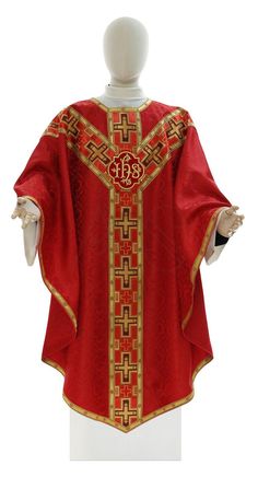 Gothic style chasuble with matching table Front and back decorated with high quality silk orphrey Embroidered emblem made of velvet Fabric damask, available in all liturgical colors Length 130 cm Width 154 cm Red Embroidered Chasuble For Church, Liturgical Colours, Gothic Style, Gothic Fashion, Velvet Fabric, Damask, Poland, Art Collection, Bathing Beauties