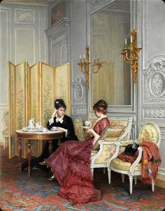 a painting of two women sitting at a table in a room with ornate walls and furniture