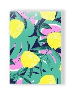 a painting of lemons and leaves on a blue background with pink, yellow and green colors