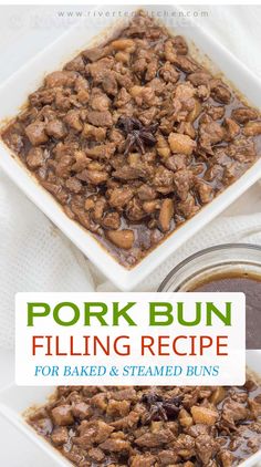 pork bun filling recipe for baked and steamed buns in a white bowl with text overlay