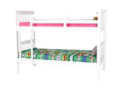 a white bunk bed with pink and green bedspread on the bottom level, against a white background