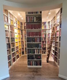 a room filled with lots of books and ladders to the top of each bookcase