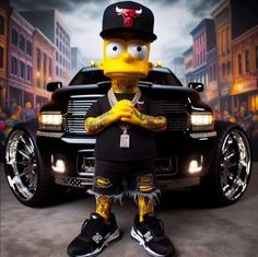 a cartoon character standing in front of a black car with his arms crossed and hands folded