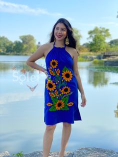 -This Beautiful Floral embroidered Dress is the perfect dress to add to your wardrobe. Its cute enough to dress up for a party or even just wear it to a picnic. -It's lightweight, handmade out of cotton and has embroidered sunflowers on it. **More colors available here: https://www.etsy.com/es/listing/839953944/vestido-halter-girasoles-vestido?ref=listing_published_alert Embroidered Sunflowers, Mexican Dress, Floral Halter Dress, Mexican Dresses, Authentic Mexican, Floral Embroidered Dress, Bridal Shower Theme, Babydoll Dress, Embroidered Dress