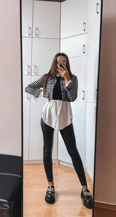 Checks Jacket Outfit, Legging Formal Outfit, Loafers Outfit Leggings, White Moccasins Outfit, Leggings Formal Outfit, Formal Leggings Outfit, White Shirt Outfit Office, Loafers And Leggings Outfit, White Shirt Leather Leggings