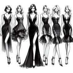 three dresses are shown in black and white, while the other is drawn by hand