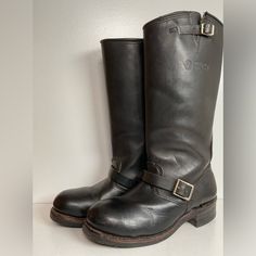 In Good Used Condition For Their Age. Interior Has A Strong Smell Of Secondhand Smoke. Purchase Not Recommend For Those Sensitive To Smoke Smells. Size 9 W Men’s. Classic Waterproof Moto Boots With Round Toe, Classic Knee-high Outdoor Boots, Classic Moto Boots With Vibram Sole And Round Toe, Classic Moto Boots With Vibram Sole, Bike Boots, Shoes Vintage, Boots Shoes, Vintage Shoes, Boots Black