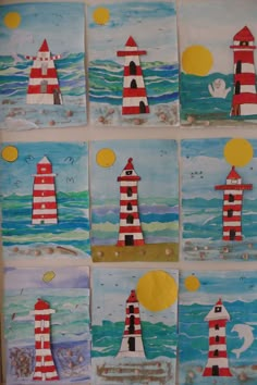 the lighthouses are made out of paper and have been cut into squares to make them look like they are floating in the water